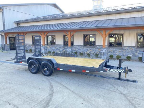 2024 Lamar 7x18' Equipment Trailer 14000# GVW * DELUXE OVERWIDTH RAMPS W/ HEAVY MESH * CHARCOAL POWDERCOAT * RUBRAIL/STAKE POCKETS/PIPE SPOOLS/D-RINGS * REM FENDERS * 12K JACK * CAST COUPLER * SPRING ASSIST * COLD WEATHER HARNESS - Image 2